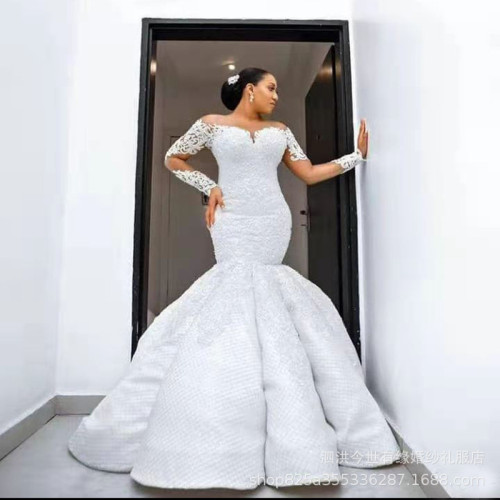 New African Mermaid Slim Fit Wedding Dress Long sleeved Skin Tone Lace Round Neck Tie up Bridal Wedding Dress