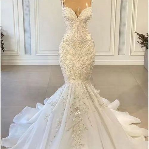 New African Bride Mermaid Wedding Dress with Fish Tail Bead Embroidered Lace Bra and Strap Wedding Dress