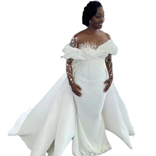 New Foreign Trade Wedding Dress Pure White African Bride Wedding Dress Mermaid Wedding Dress Fish Tail Dress Detachable Tail