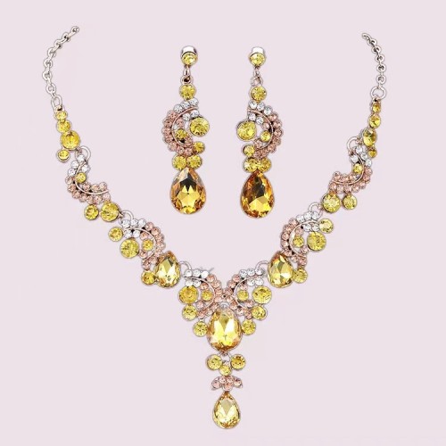 Bridal Wedding Dress Accessories Full Diamond Banquet Crystal Set Necklace Earrings Two Piece Set