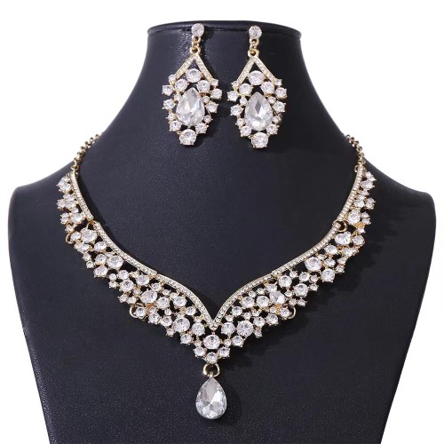Necklace rhinestone earrings set hot sale electroplated alloy fashion new artificial gemstone