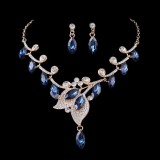 Leaf shaped crystal necklace earring set with fashionable temperament bride full diamond wedding jewelry