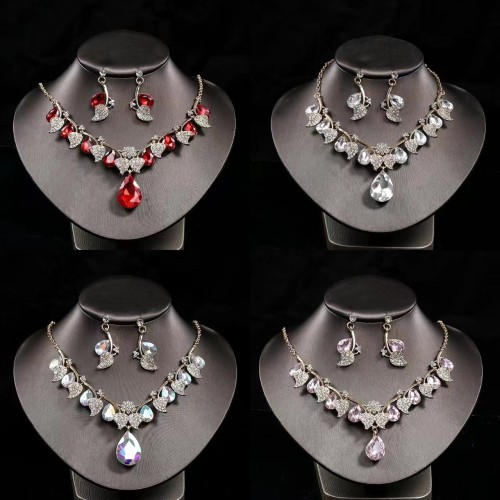 Necklace Set Fashion Water Drop Diamond Leaf Necklace Clavicular chain Bride Earrings Two Piece Set Accessories