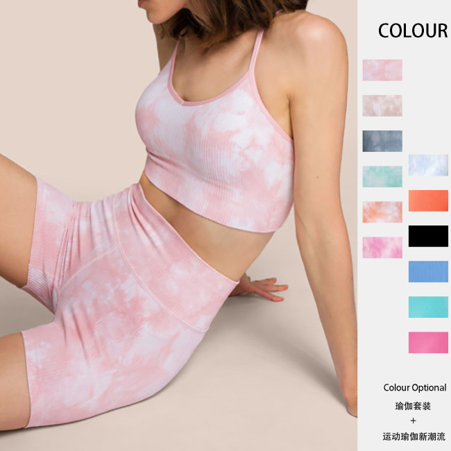 European and American cross-border new seamless knitted sexy suspender bra with high waist and hip lifting sports and fitness shorts set