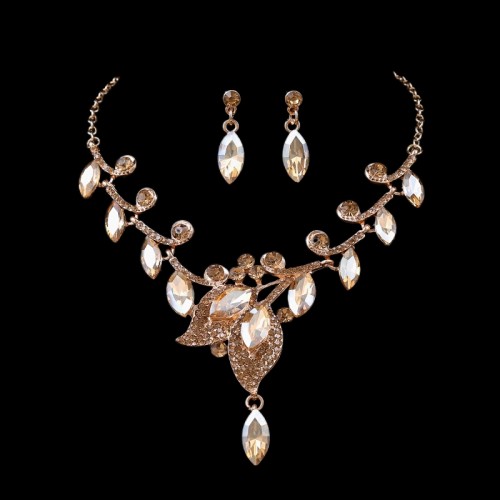 Leaf shaped crystal necklace earring set with fashionable temperament bride full diamond wedding jewelry
