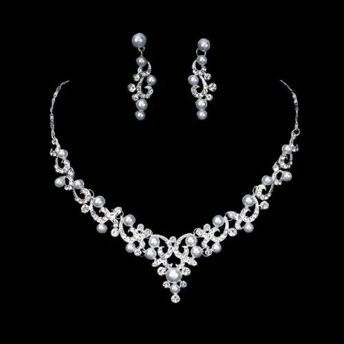 Fashion Pearl Flower Rhinestone Short Necklace Earring Set Jewelry