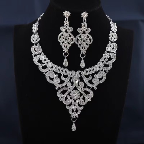 Rose Gold Necklace Earring Set Diamond inlaid jewelry Wedding and Evening Dress Accessories