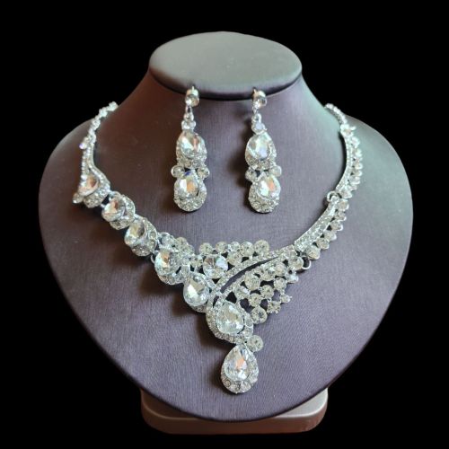 Bride jewelry Wedding Banquet Full Diamond Droplet Crystal Glass Necklace Earring Jewelry Set of Two