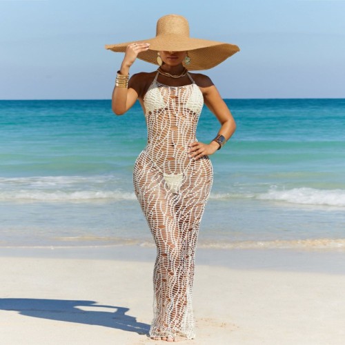Crochet Knitted Women 3 Piece Set Bikini Set Solid Hollow Long Maxi Dresses 2024 Summer New Beach Bathing Suit Sexy Cover Ups