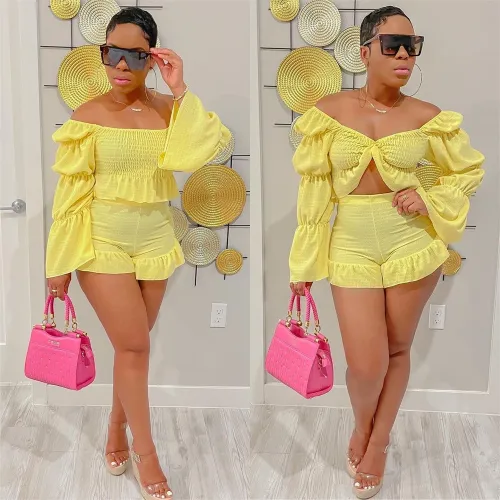 Off Shoulder Women 2 Piece Set Ruffles Solid Long Sleeve Crop Top Straight Shorts Matching Set 2024 Summer Streetwear Tracksuits
