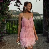 Fashionable tassel sequin multi-color birthday party sexy V-neck strap feather patchwork dress