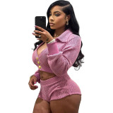 European and American Spring New Sexy Open Waist Flip Collar Cardigan Top High Waist Wrap Hip Shorts Casual Set for Women