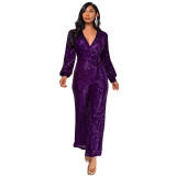 Amazon Cross border Deep V Long sleeved jumpsuit summer women's foreign trade high waisted wide leg sequin belt European and American jumpsuit
