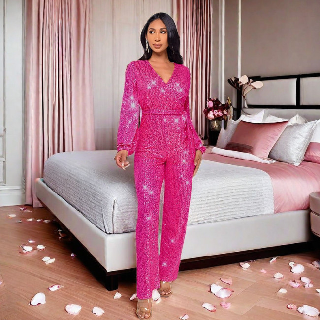 Amazon Cross border Deep V Long sleeved jumpsuit summer women's foreign trade high waisted wide leg sequin belt European and American jumpsuit