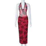 Floral Printed Women Long Maxi Dress Sleeveless Halter Neck Bodycon Dresses 2024 Summer Sexy See Through Night Club Vestidos