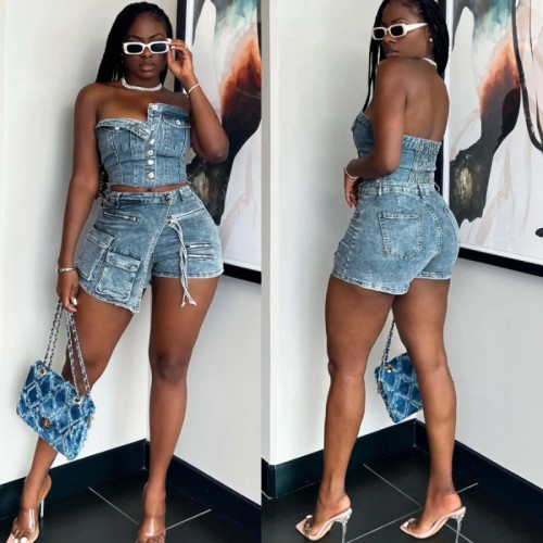 Y2K Fashion Denim Crop Tops Summer Two Piece Pant Sets Biker Shorts Suits Sets Cropped jean Cargo Pocket Pants Sexy Outfits
