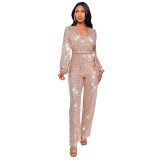 Amazon Cross border Deep V Long sleeved jumpsuit summer women's foreign trade high waisted wide leg sequin belt European and American jumpsuit