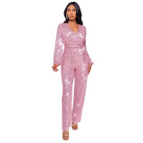 Amazon Cross border Deep V Long sleeved jumpsuit summer women's foreign trade high waisted wide leg sequin belt European and American jumpsuit