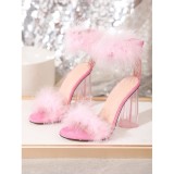 New Pink Plush Heart Heel Transparent Thick Heel Sandals Heels