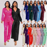 Amazon Cross border Deep V Long sleeved jumpsuit summer women's foreign trade high waisted wide leg sequin belt European and American jumpsuit