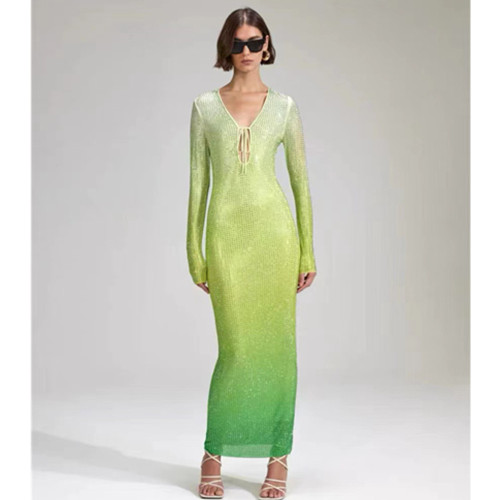 Amazon's popular cross-border new product, hot diamond gradient green dress, European and American fashion long sleeved deep V party dress