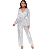 Amazon Cross border Deep V Long sleeved jumpsuit summer women's foreign trade high waisted wide leg sequin belt European and American jumpsuit