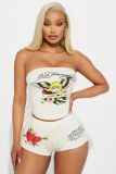 Letter Printed Women 2 Piece Set Off Shoulder Crop Top Skinny Shorts Matching Set 2024 Summer Streetwear Sexy Club Party Outfits