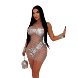 Rhinestone Women Mini Dress Solid Sleeveless Tank Dresses 2024 Summer Evening Dress Sexy See Through Night Club Party Vestidos
