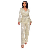 Amazon Cross border Deep V Long sleeved jumpsuit summer women's foreign trade high waisted wide leg sequin belt European and American jumpsuit