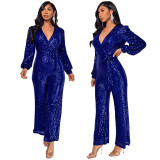 Amazon Cross border Deep V Long sleeved jumpsuit summer women's foreign trade high waisted wide leg sequin belt European and American jumpsuit