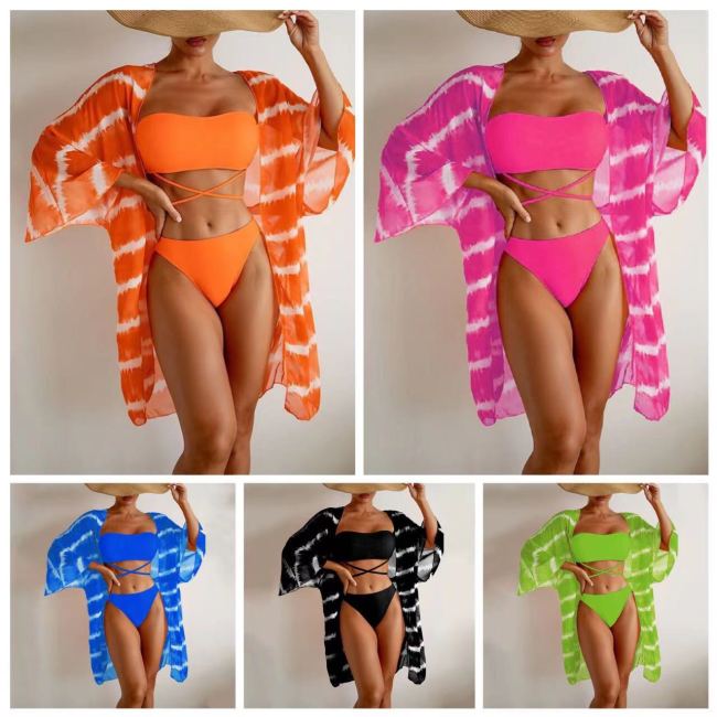 Cross border Stripe AliExpress European and American Foreign Trade Japanese Beach Swimsuit Wave Pattern Mesh Three Piece Bikini Swimsuit
