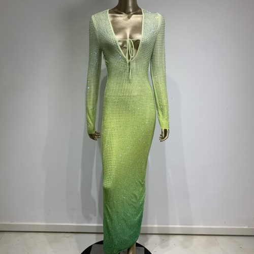 Amazon's popular cross-border new product, hot diamond gradient green dress, European and American fashion long sleeved deep V party dress