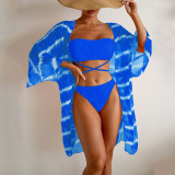 Cross border Stripe AliExpress European and American Foreign Trade Japanese Beach Swimsuit Wave Pattern Mesh Three Piece Bikini Swimsuit
