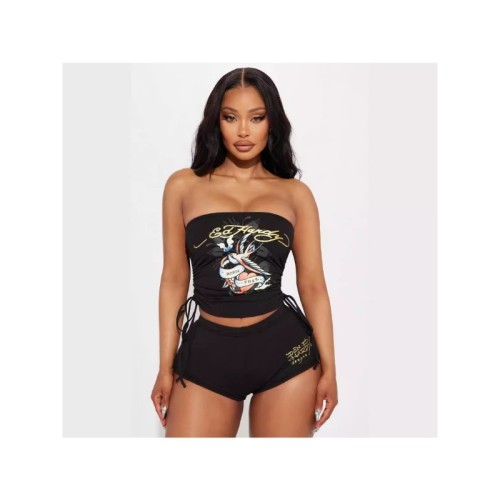 Letter Printed Women 2 Piece Set Off Shoulder Crop Top Skinny Shorts Matching Set 2024 Summer Streetwear Sexy Club Party Outfits