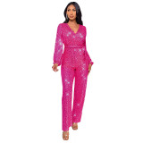 Amazon Cross border Deep V Long sleeved jumpsuit summer women's foreign trade high waisted wide leg sequin belt European and American jumpsuit