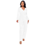 Amazon Cross border Deep V Long sleeved jumpsuit summer women's foreign trade high waisted wide leg sequin belt European and American jumpsuit
