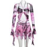 Spring/Summer New Sweet Style Flare Sleeves Butterfly Print Lace up Tassels Sexy Hollow Short Skirt Set