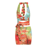 Summer Women's New Fashion Hanging Neck Deep V Open Back Sexy Slim Fit Wrapped Hip Skirt Set