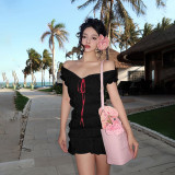 2024 Summer New Women's Wear Wooden Ear Edge Pleated Tie with One Shoulder Short Sleeve Dress
