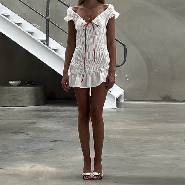 2024 Summer New Women's Wear Wooden Ear Edge Pleated Tie with One Shoulder Short Sleeve Dress