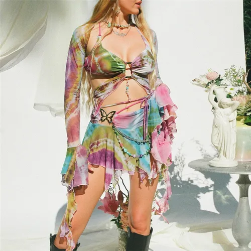 Spring/Summer New Sweet Style Flare Sleeves Butterfly Print Lace up Tassels Sexy Hollow Short Skirt Set