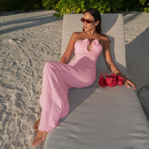 Summer New Sexy Fashion Women's High Waist Slim Fit Wrap Hip Bra Pink Dress