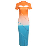 2024 Summer Women's Fashion Contrast Color Short Sleeve Hollow Sexy Slim Fit Long Dress