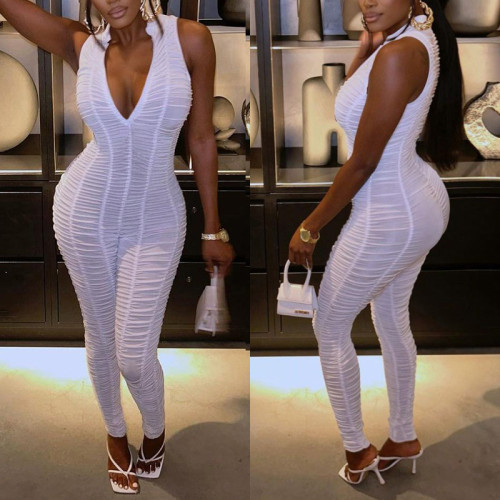 2024 Summer Women's New Sleeveless Deep V-neck Sexy Spicy Girl Pleated Personalized Tight jumpsuit