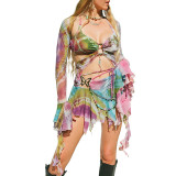 Spring/Summer New Sweet Style Flare Sleeves Butterfly Print Lace up Tassels Sexy Hollow Short Skirt Set