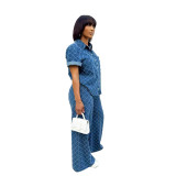 New women's casual plaid washed denim flared pants set