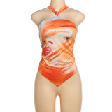 2024 Summer New Women's Clothing Personalized 3D Print Hanging Neck Lacing Open Back Sexy Irregular Tank Top