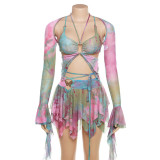 Spring/Summer New Sweet Style Flare Sleeves Butterfly Print Lace up Tassels Sexy Hollow Short Skirt Set