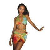Summer Women's New Fashion Hanging Neck Deep V Open Back Sexy Slim Fit Wrapped Hip Skirt Set