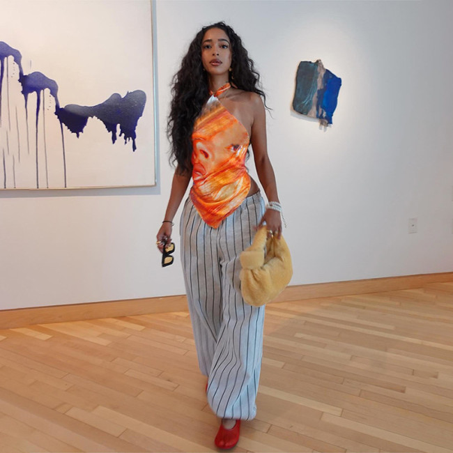 2024 Summer New Women's Clothing Personalized 3D Print Hanging Neck Lacing Open Back Sexy Irregular Tank Top